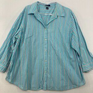 Chaps size 3X Blue White Striped Cotton Relaxed 3/4 Sleeve Button Up Office